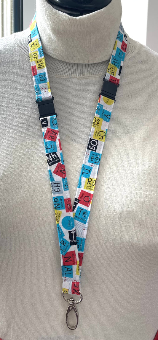 Lanyard with colorful letter pattern on a mannequin