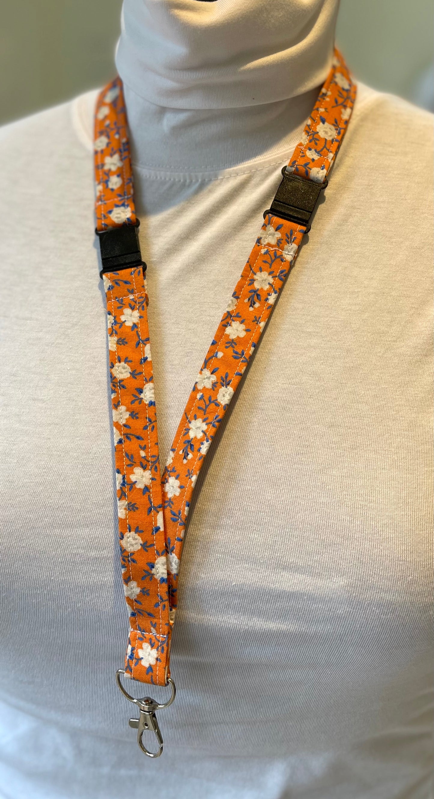 Orange white Flower Fabric Breakaway Lanyard image 0