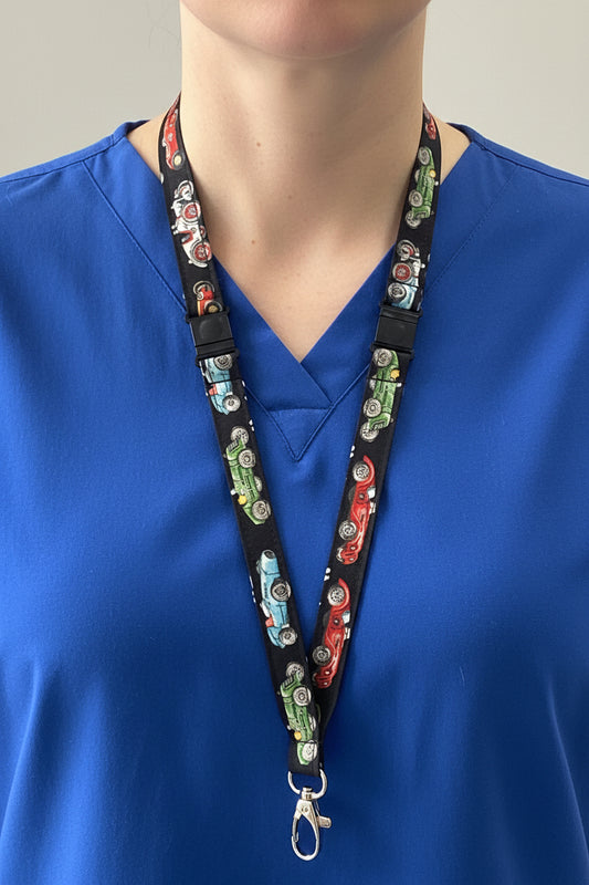 Vintages Cars on Black Fabric Breakaway Lanyard