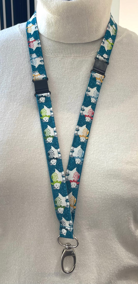 Lanyard with dinosaur character design on a mannequin