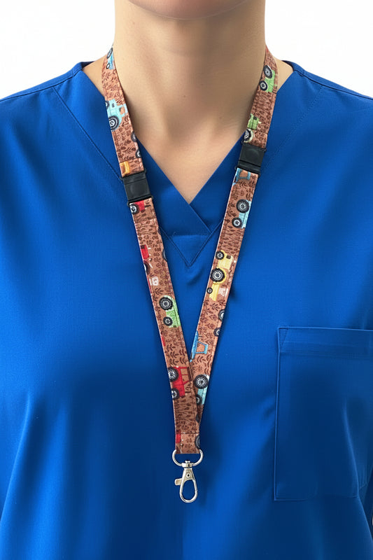 Tractors on Brown Fabric Breakaway Lanyard