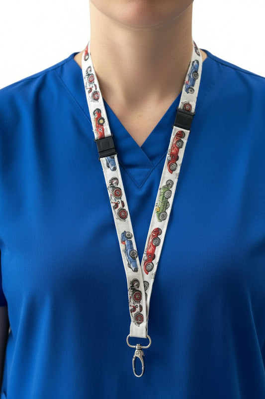 Vintages Cars on White Fabric Breakaway Lanyard