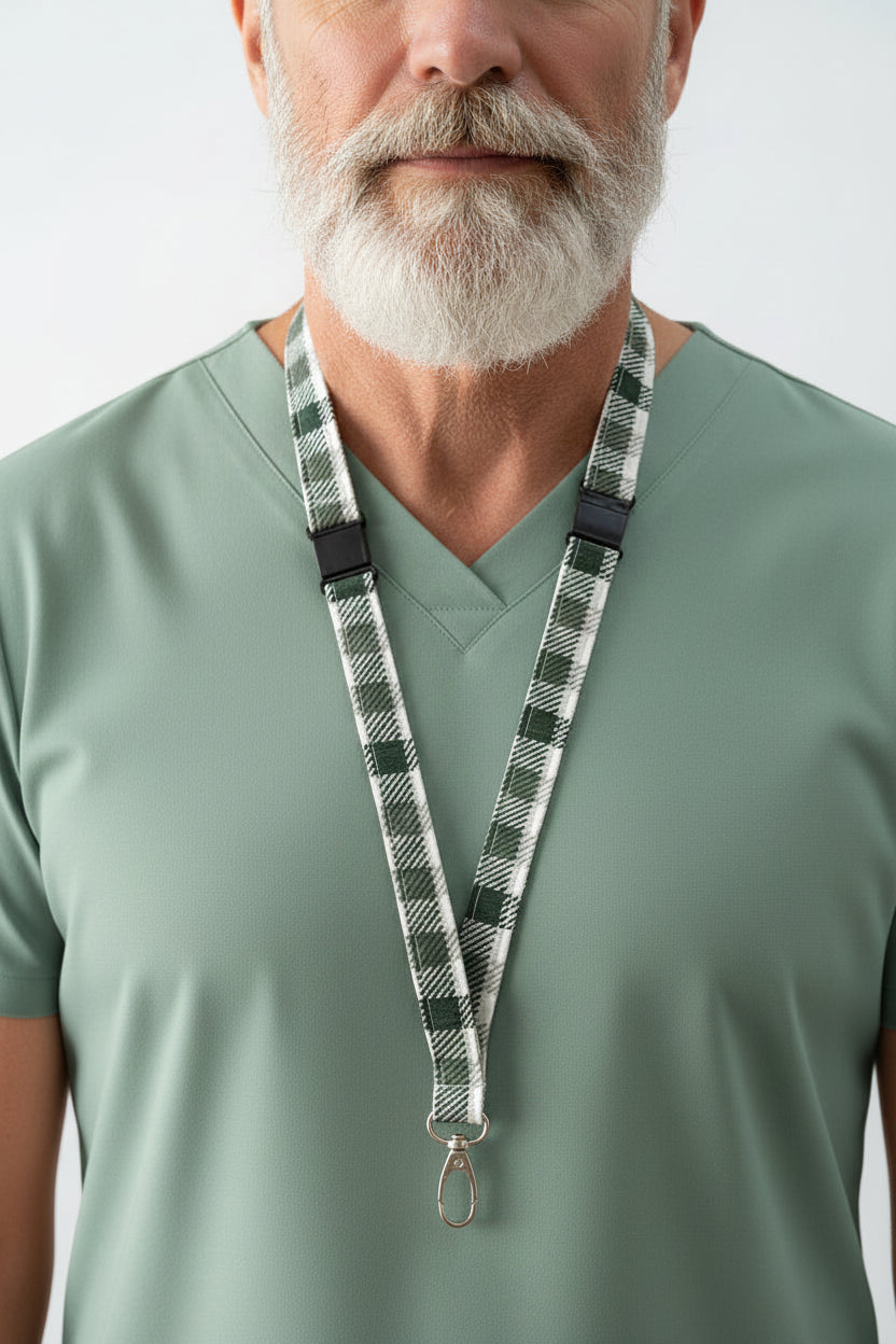 Reclaimed fabric: Evergreen Check fabric safety breakaway lanyard
