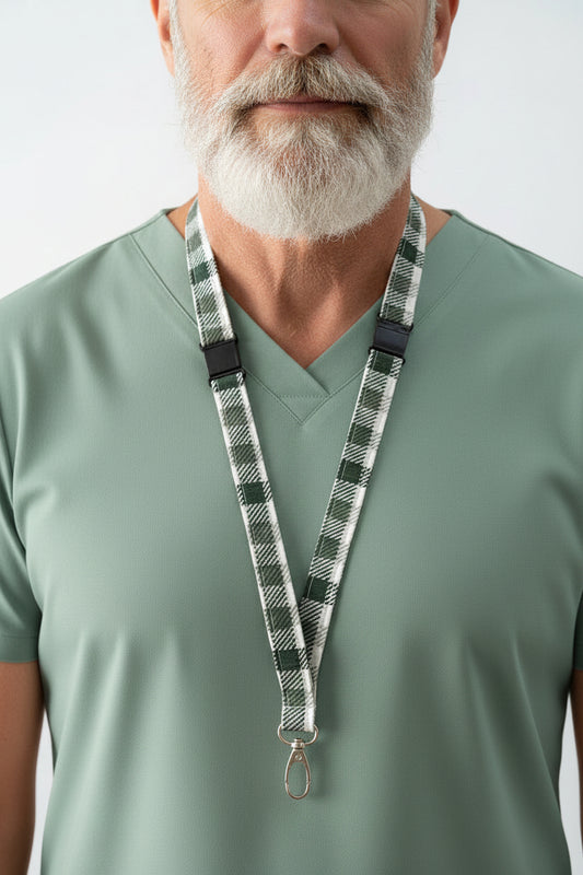 Reclaimed fabric: Evergreen Check fabric safety breakaway lanyard