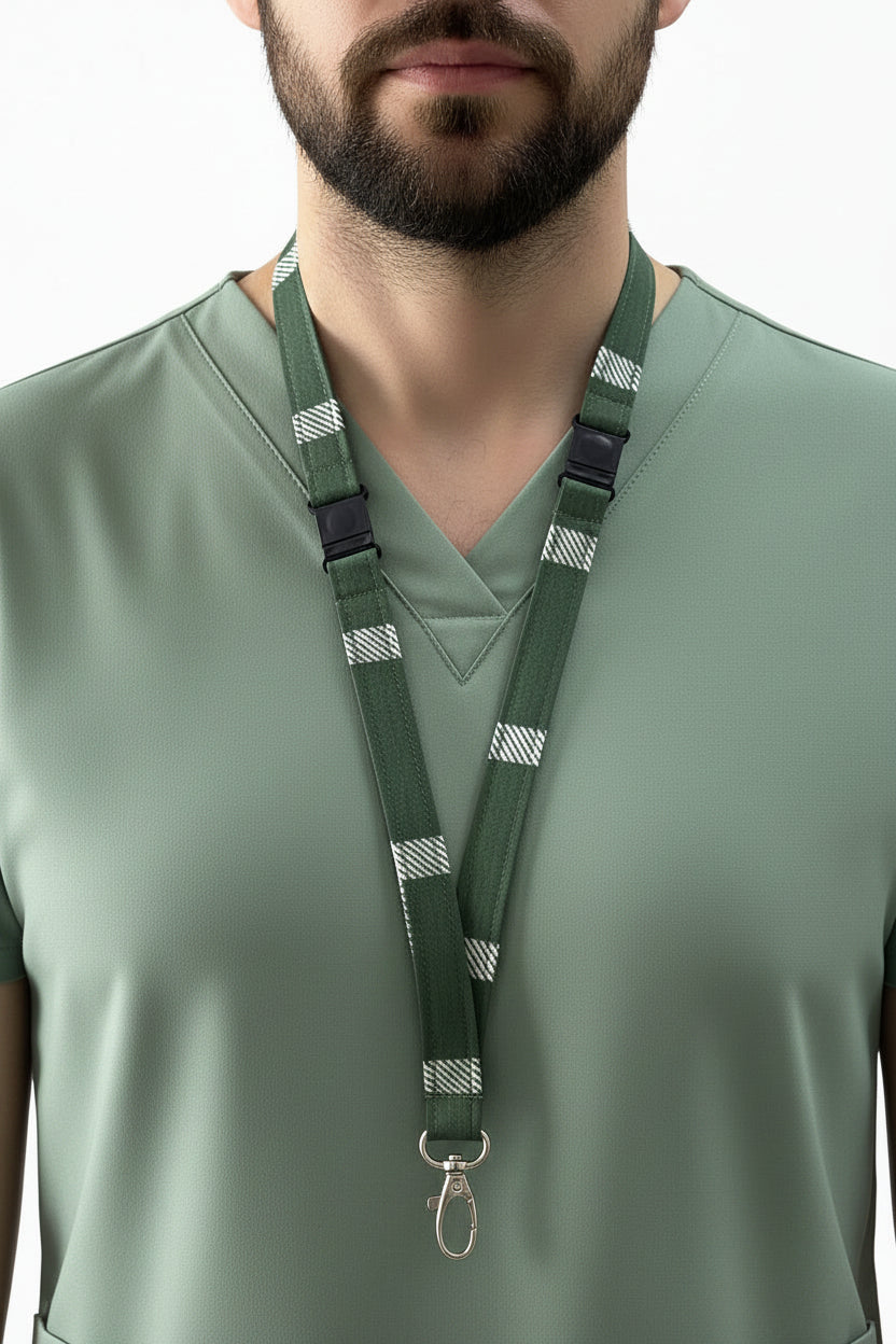 Reclaimed fabric: Forest Check fabric safety breakaway lanyard