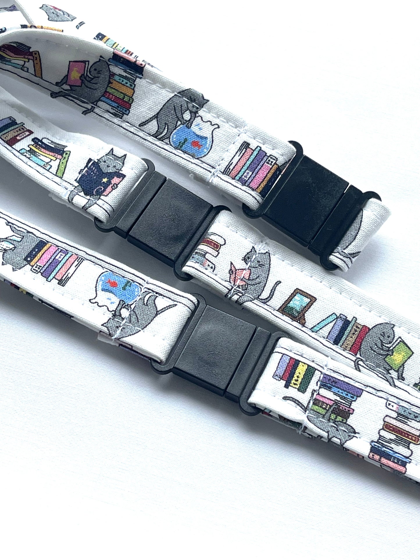 Cats on bookshelves White fabric Breakaway Lanyard - House of Lanyards