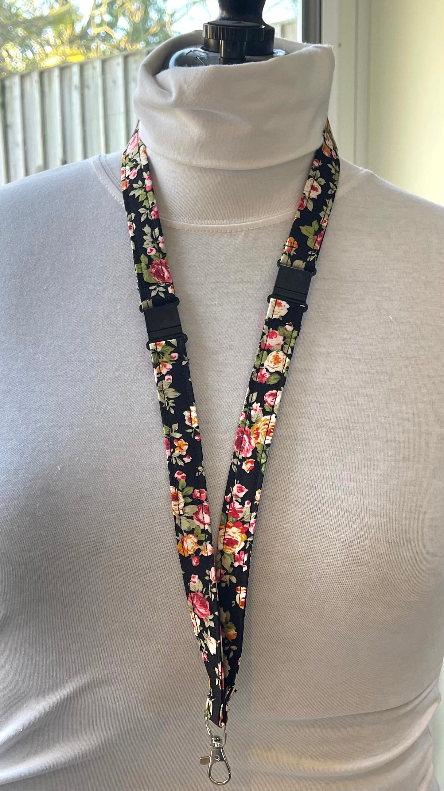 Black Floral Fabric Breakaway Lanyard - House of Lanyards