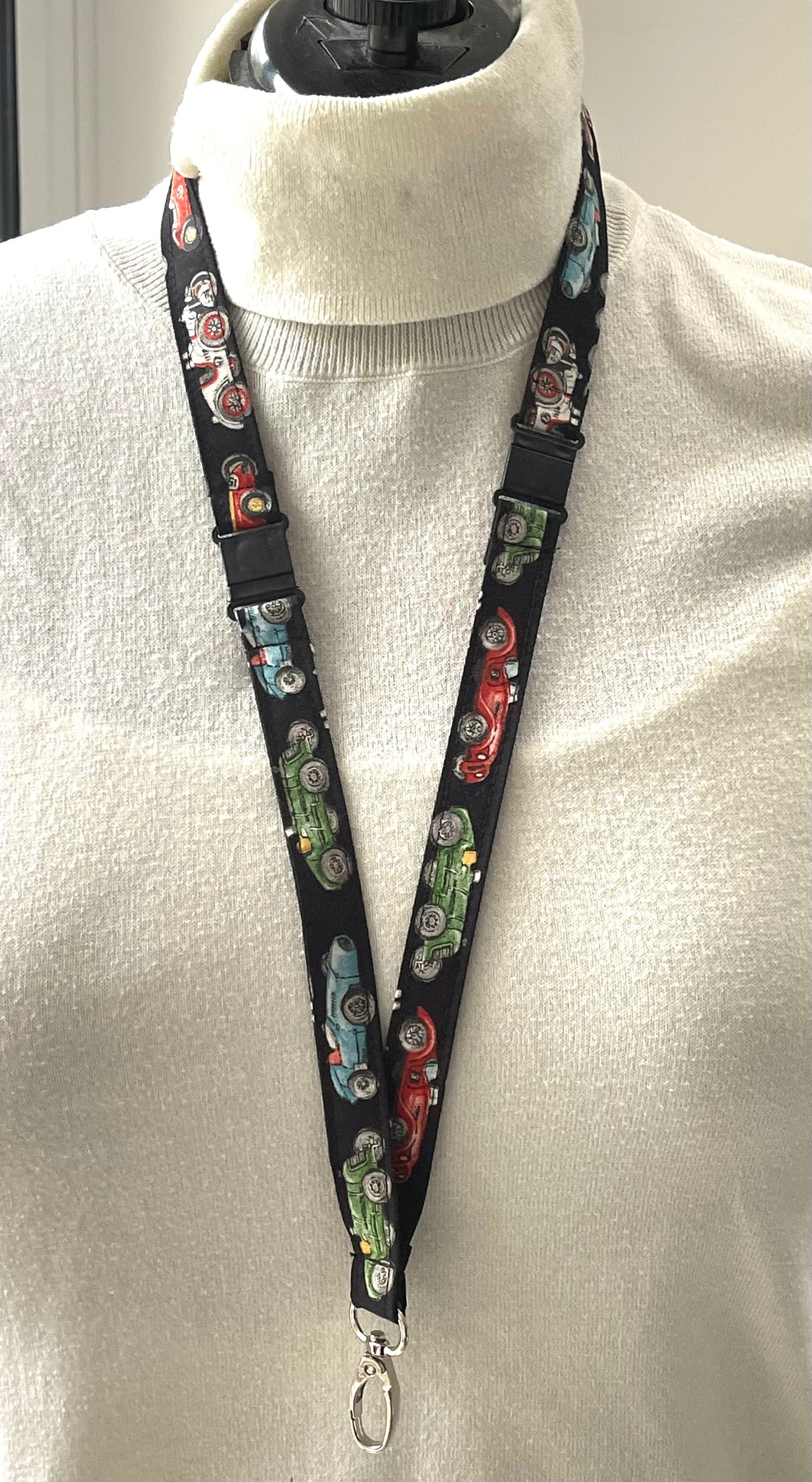 Vintages Cars on Black Fabric Breakaway Lanyard