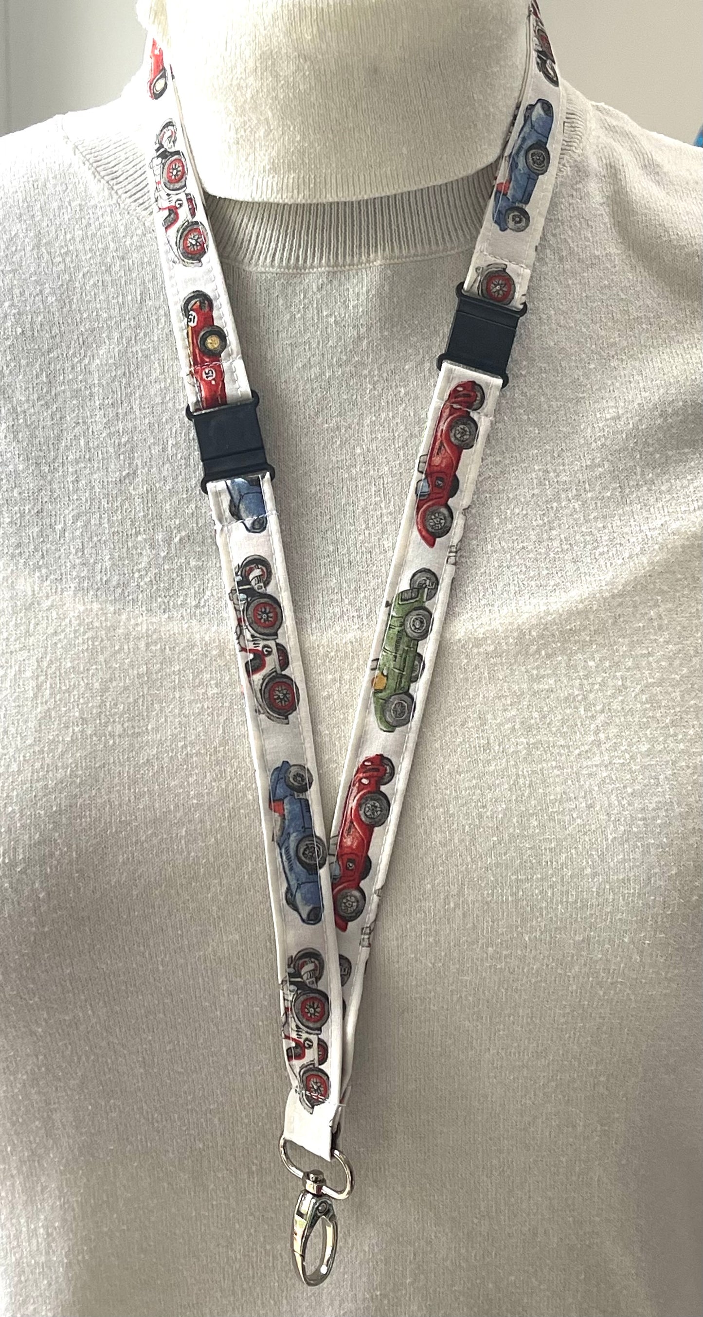 Vintages Cars on White Fabric Breakaway Lanyard