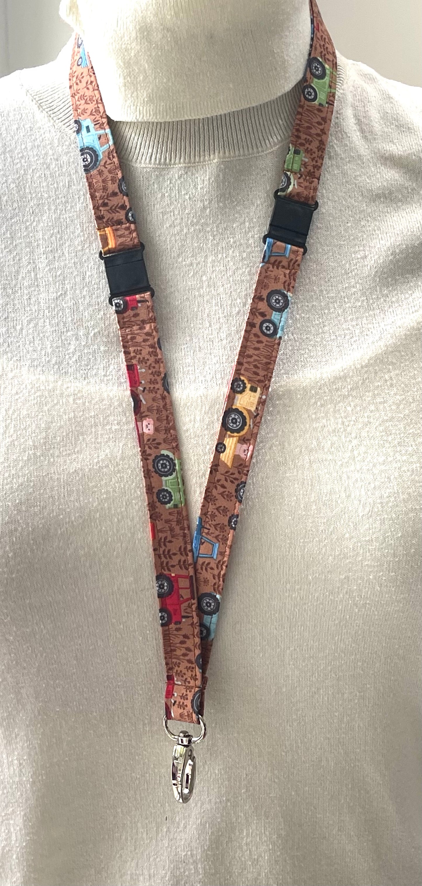 Tractors on Brown Fabric Breakaway Lanyard
