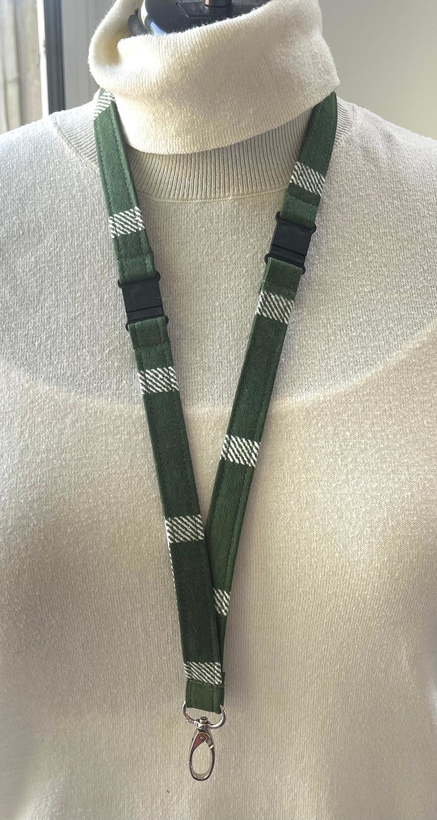 Reclaimed fabric: Forest Check fabric safety breakaway lanyard