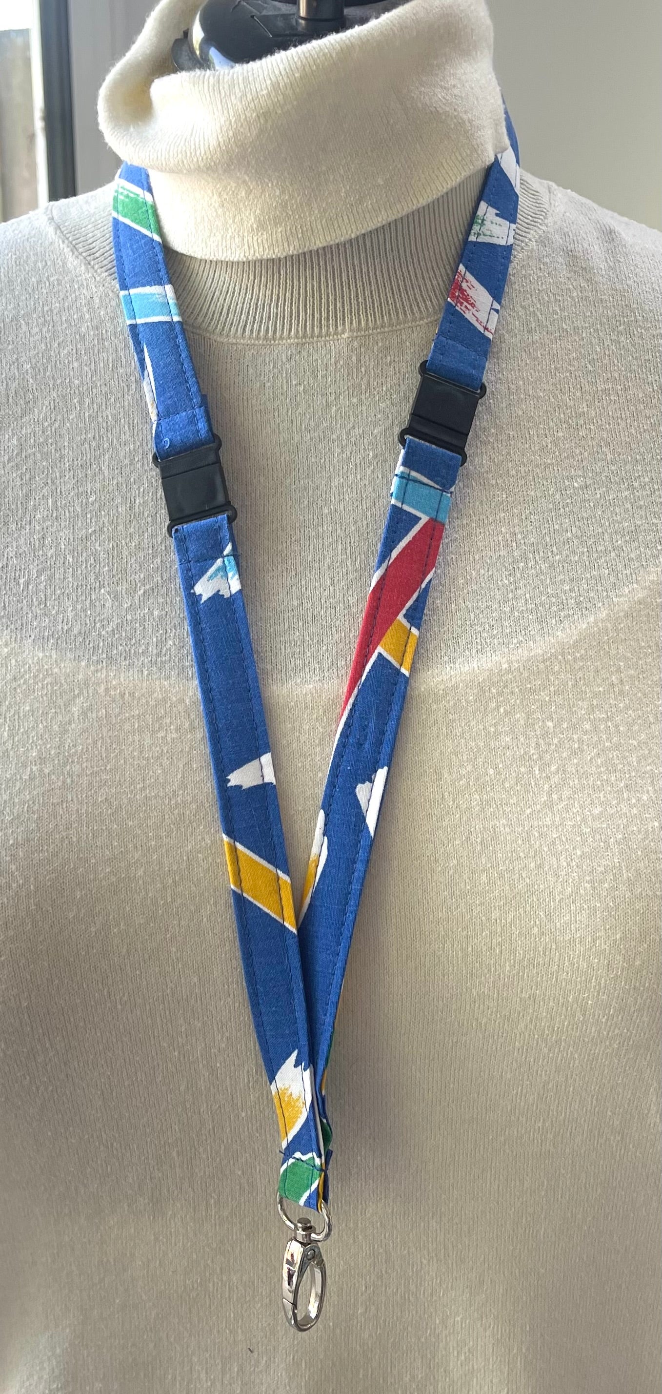 Reclaimed fabric: Painted Harbour fabric safety breakaway lanyard