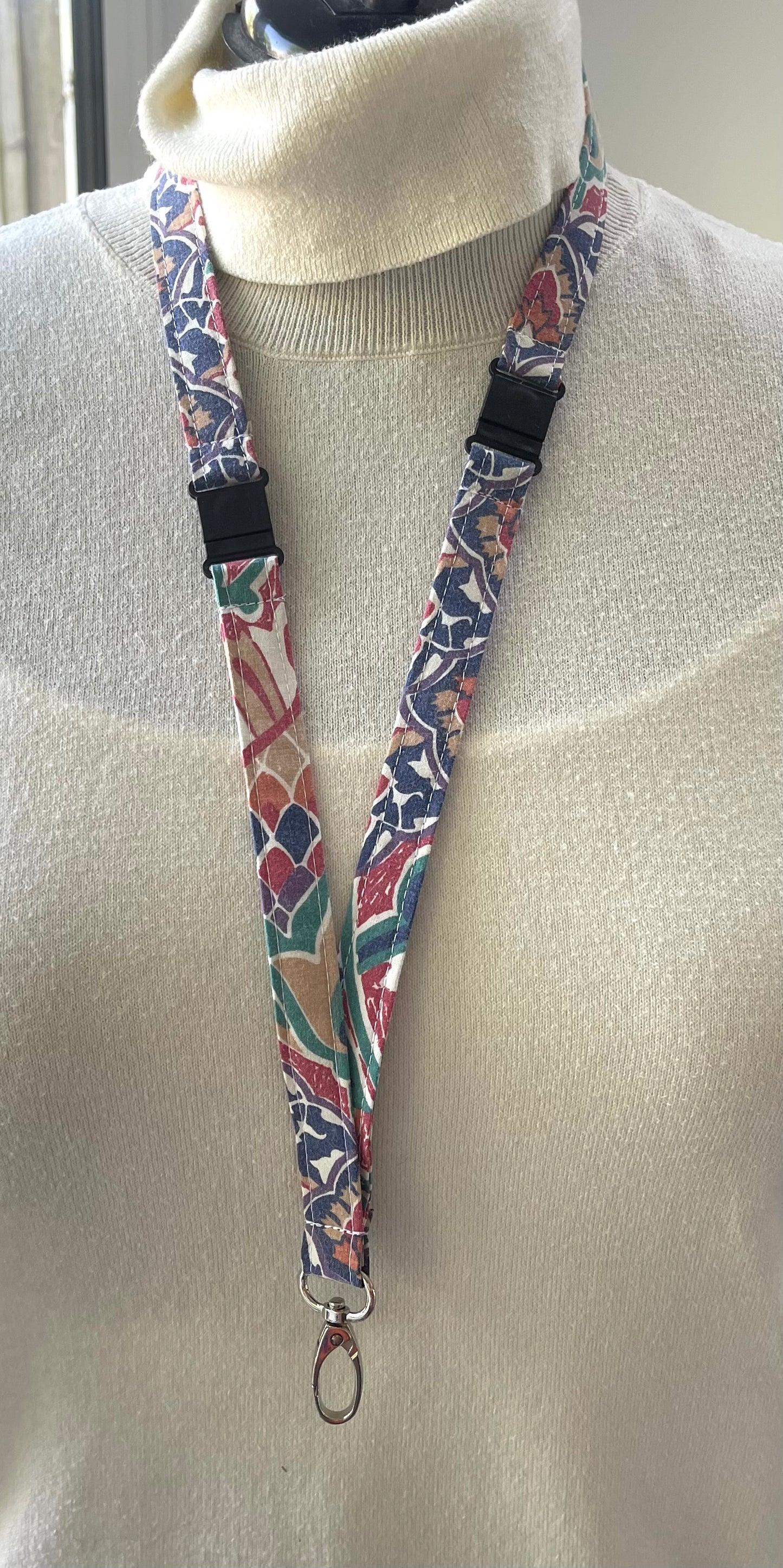 Reclaimed fabric: Mosaic Bloom fabric safety breakaway lanyard