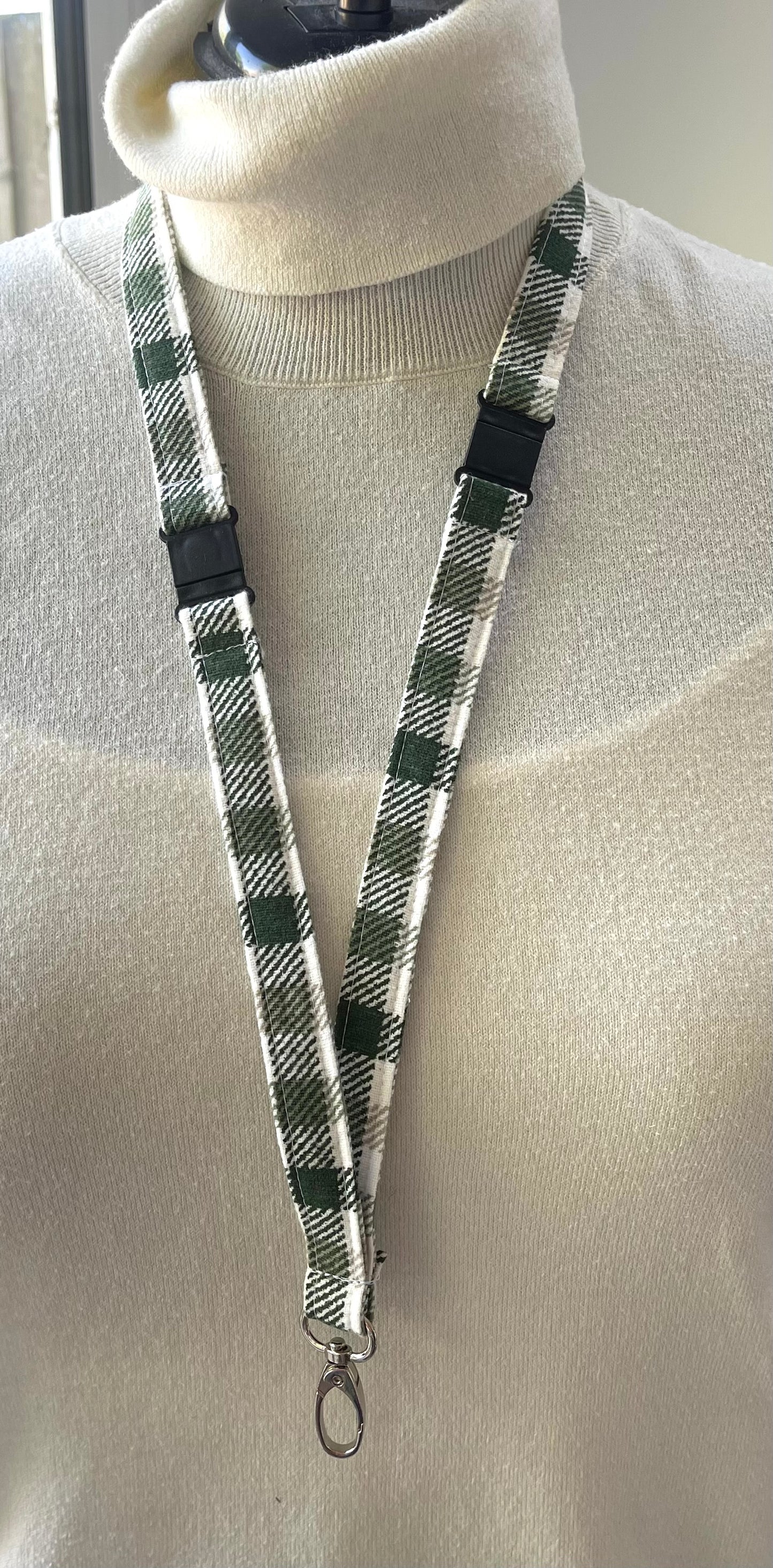Reclaimed fabric: Evergreen Check fabric safety breakaway lanyard