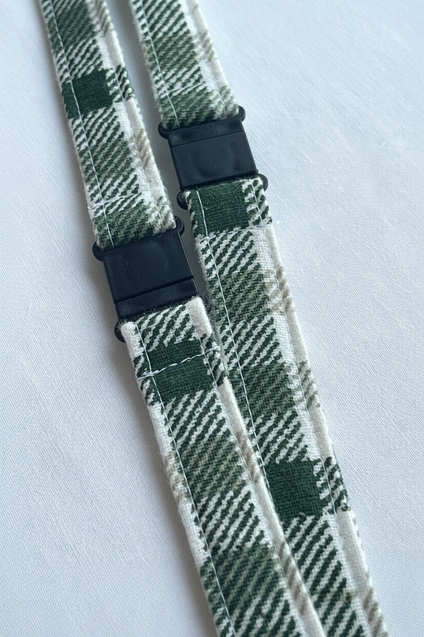 Reclaimed fabric: Evergreen Check fabric safety breakaway lanyard