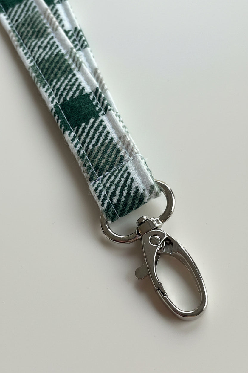 Reclaimed fabric: Evergreen Check fabric safety breakaway lanyard