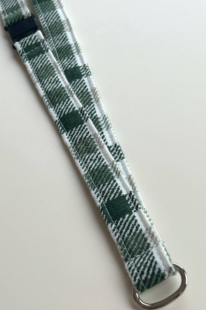 Reclaimed fabric: Evergreen Check fabric safety breakaway lanyard