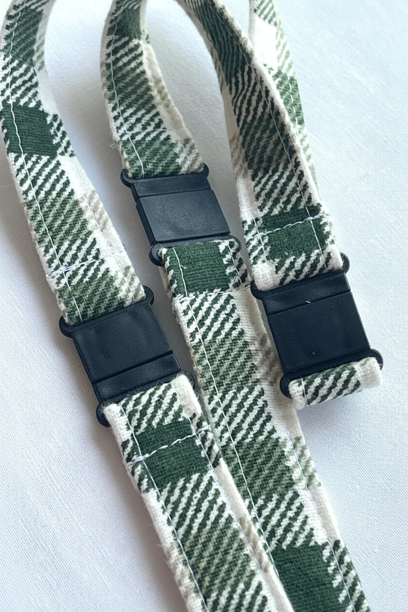 Reclaimed fabric: Evergreen Check fabric safety breakaway lanyard