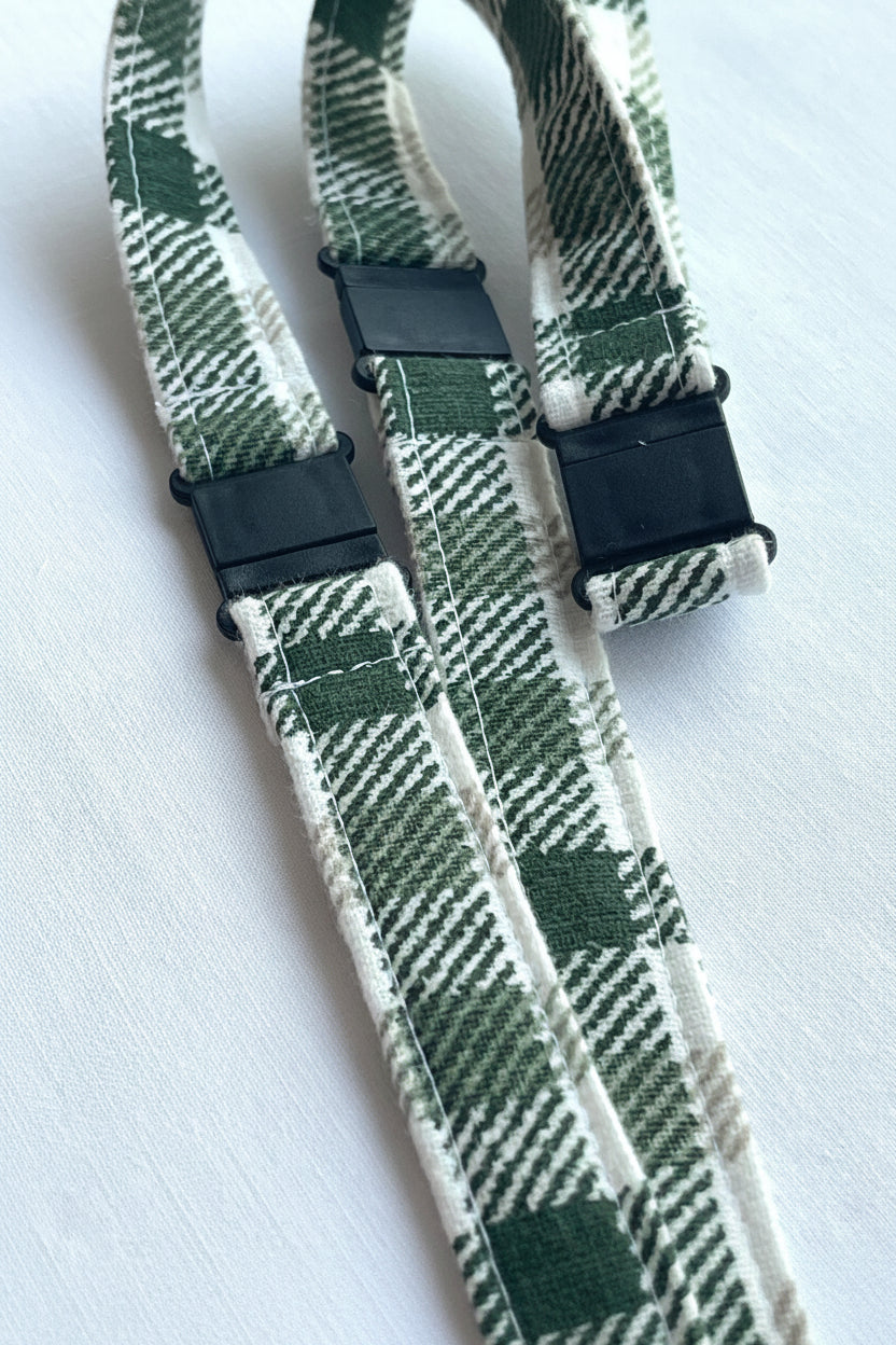 Reclaimed fabric: Evergreen Check fabric safety breakaway lanyard