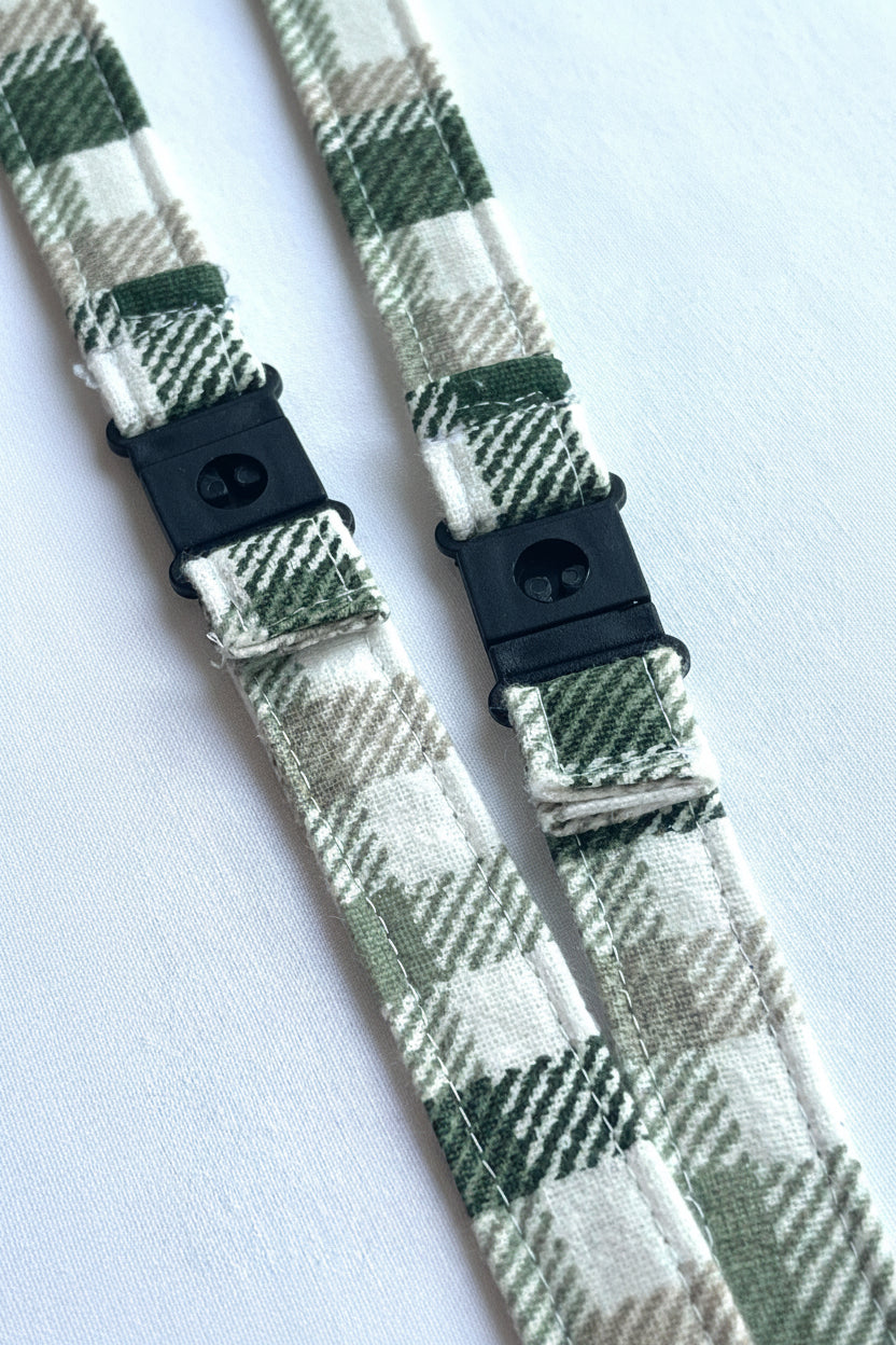 Reclaimed fabric: Evergreen Check fabric safety breakaway lanyard