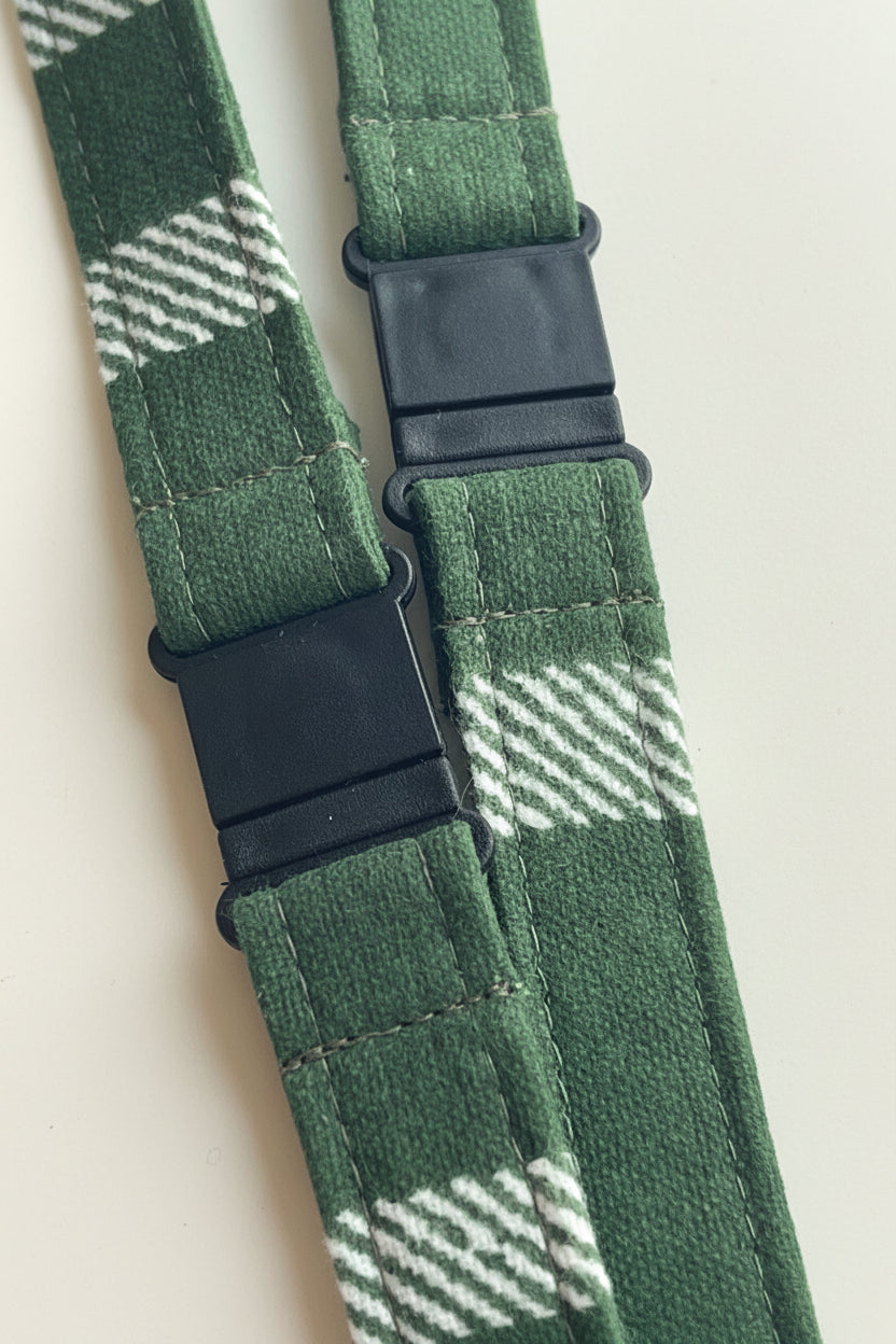 Reclaimed fabric: Forest Check fabric safety breakaway lanyard