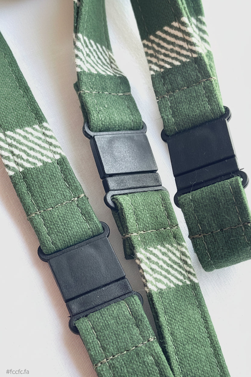 Reclaimed fabric: Forest Check fabric safety breakaway lanyard