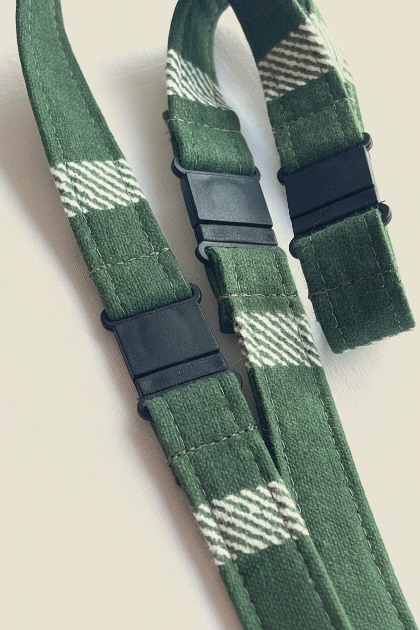 Reclaimed fabric: Forest Check fabric safety breakaway lanyard