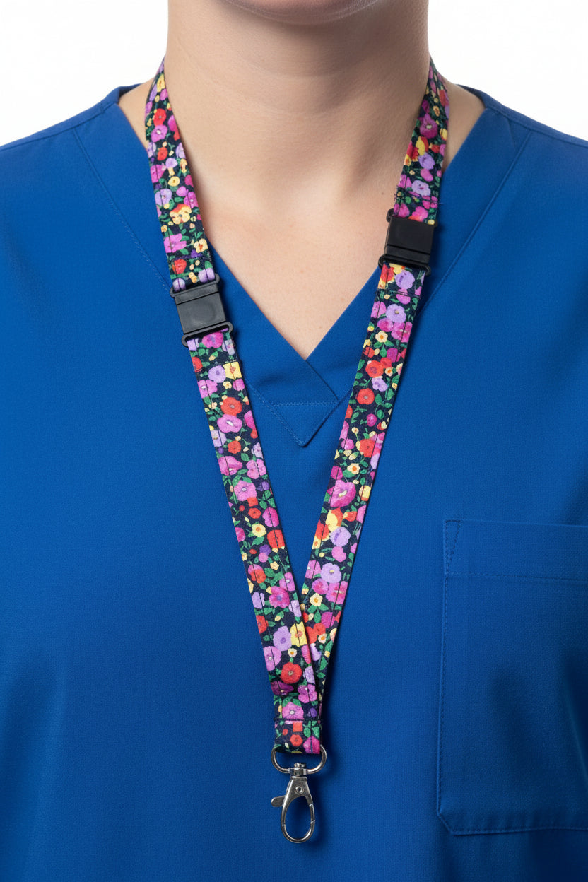 Pink flowers on black Fabric Breakaway Lanyard