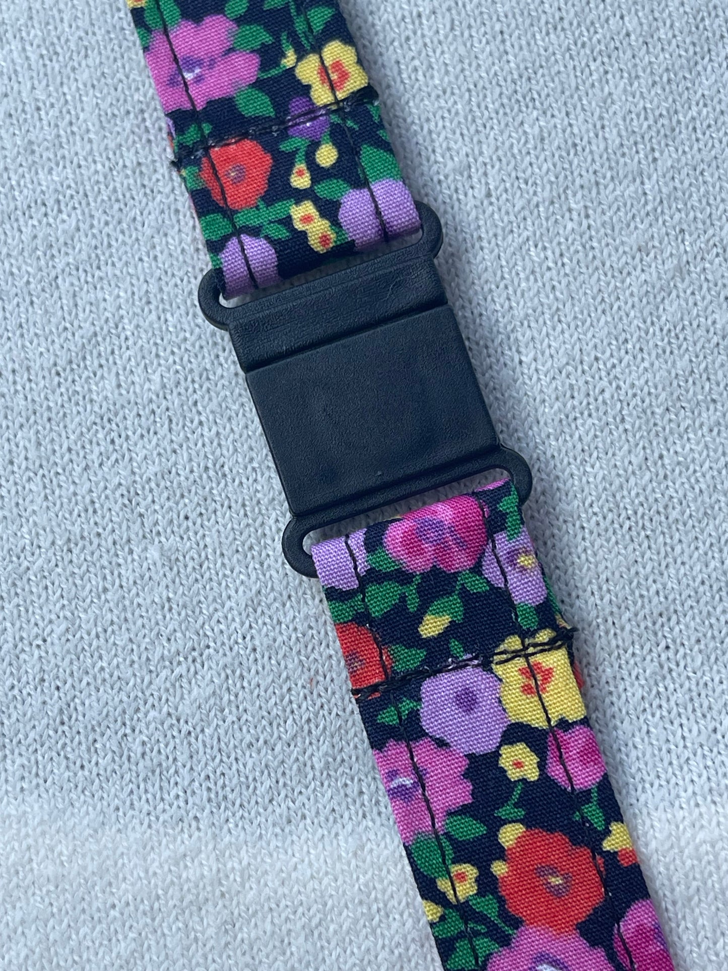 Pink flowers on black Fabric Breakaway Lanyard