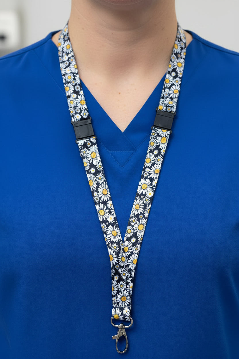 white daisy flowers Fabric Breakaway Lanyard