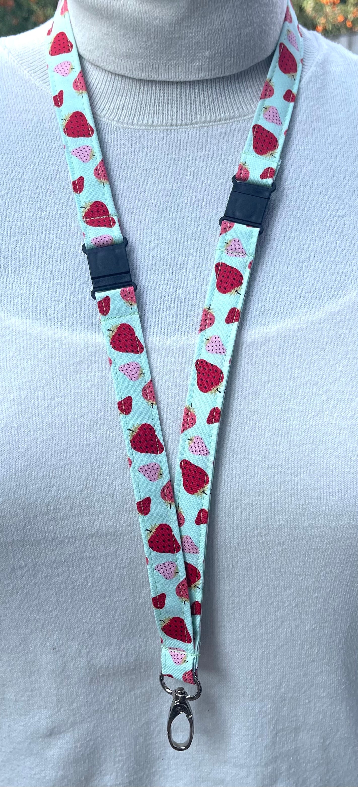 Strawberries on mint fabric Breakaway Lanyard