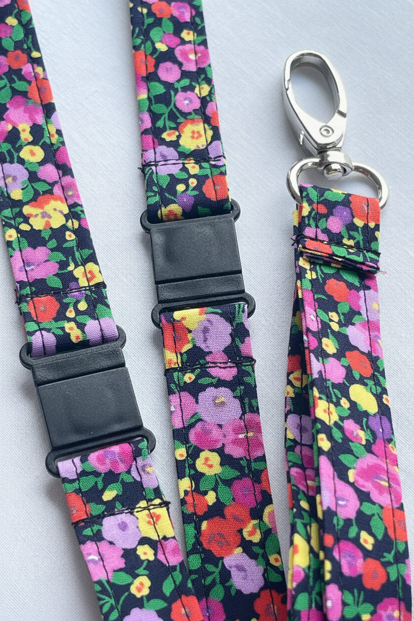 Pink flowers on black Fabric Breakaway Lanyard