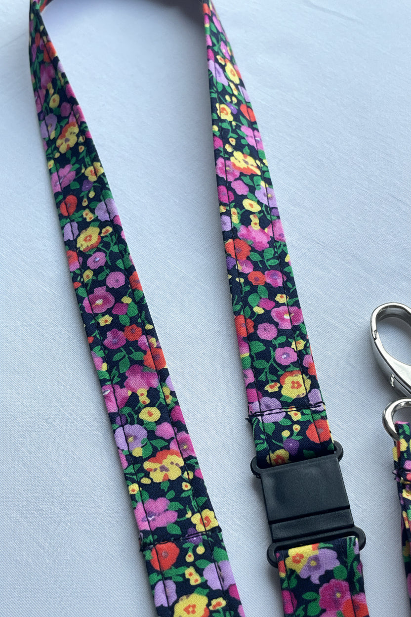 Pink flowers on black Fabric Breakaway Lanyard
