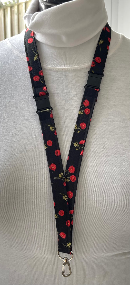 Black Poppies Fabric Breakaway Lanyard - House of Lanyards