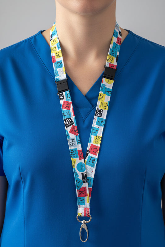 Front view of a professional safety breakaway lanyard showing durable cotton fabric, reinforced stitching and secure swivel clasp