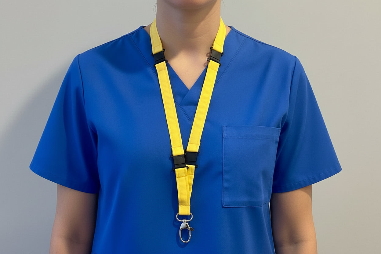Handmade safety breakaway lanyard with multiple anti-strangulation breakaway points, designed for NHS, healthcare, mental health and security professionals