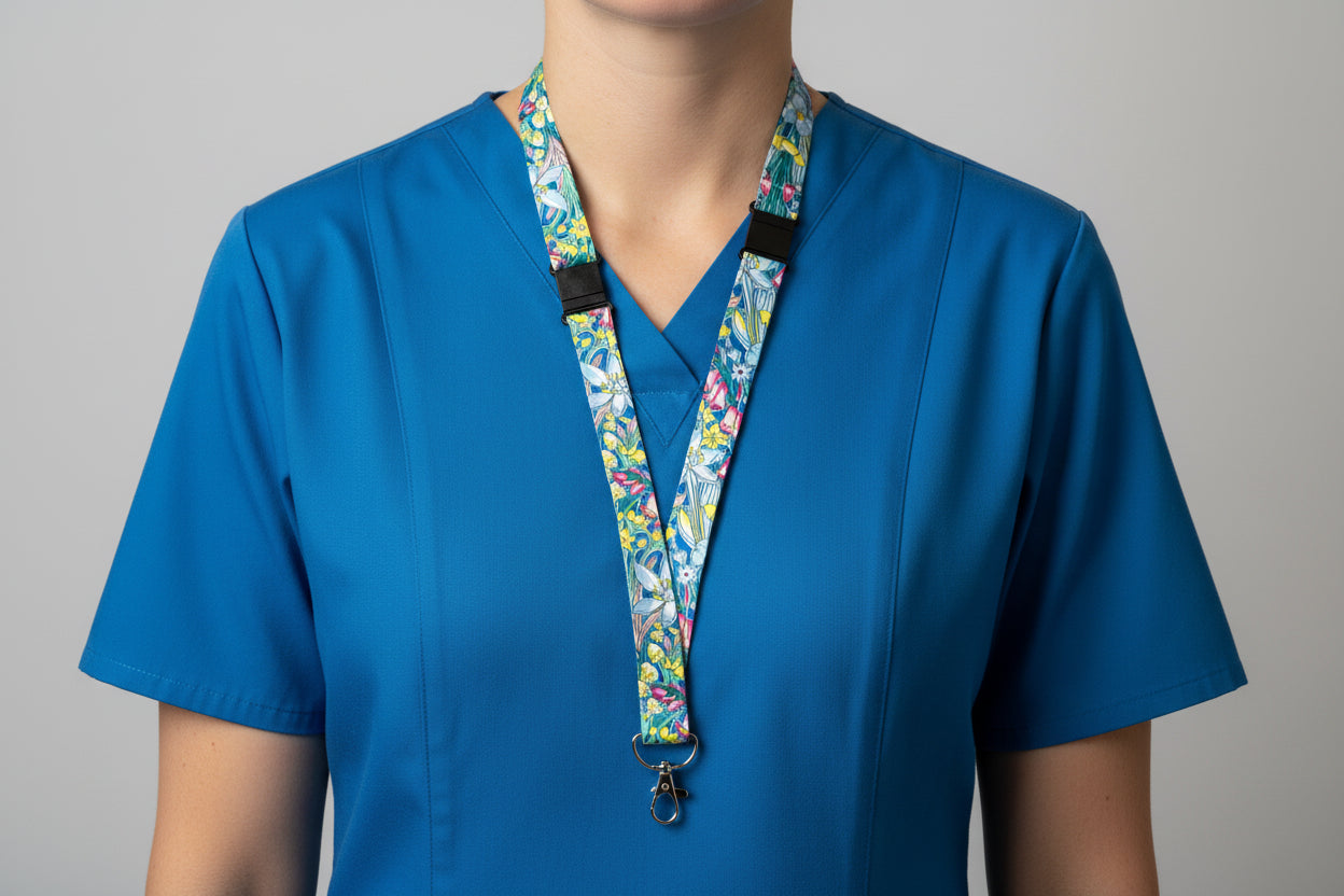 Handmade safety breakaway lanyard with multiple anti-strangulation breakaway points, designed for NHS, healthcare, mental health and security professionals