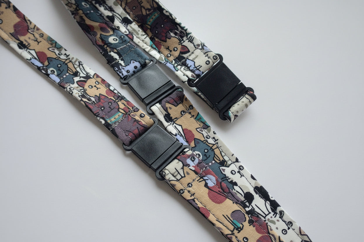 Handmade safety breakaway lanyard with multiple anti-strangulation breakaway points, designed for NHS, healthcare, mental health and security professionals. Close-up of plastic breakaway safety clip designed to release under pressure to reduce strangulation risk. 