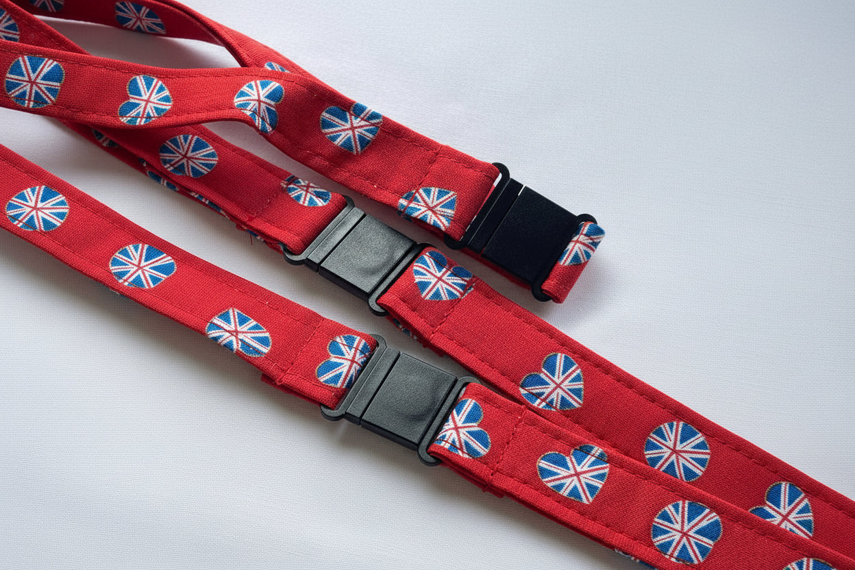 Handmade safety breakaway lanyard with multiple anti-strangulation breakaway points, designed for NHS, healthcare, mental health and security professionals. Close-up of plastic breakaway safety clip designed to release under pressure to reduce strangulation risk. 