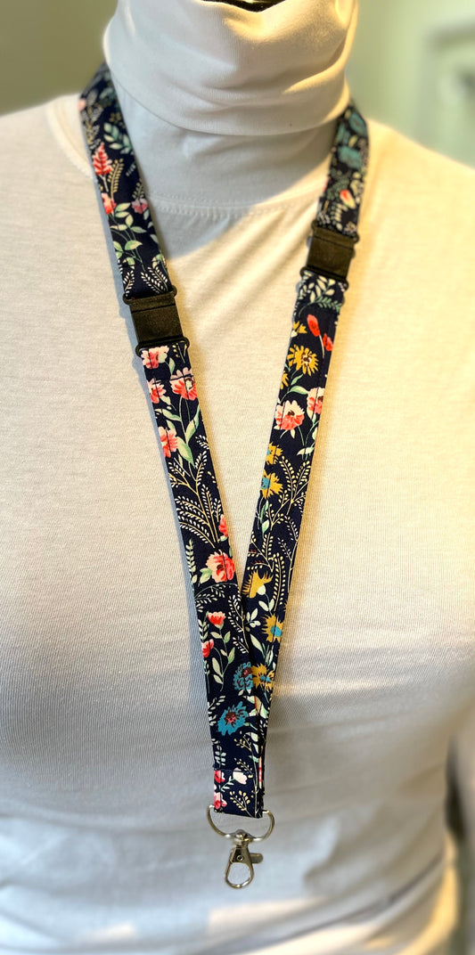 Navy Floral Fabric Breakaway Lanyard image 0