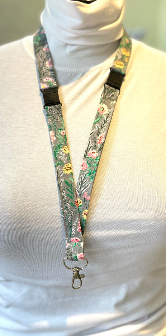 Grey Floral Fabric Breakaway Lanyard image 0