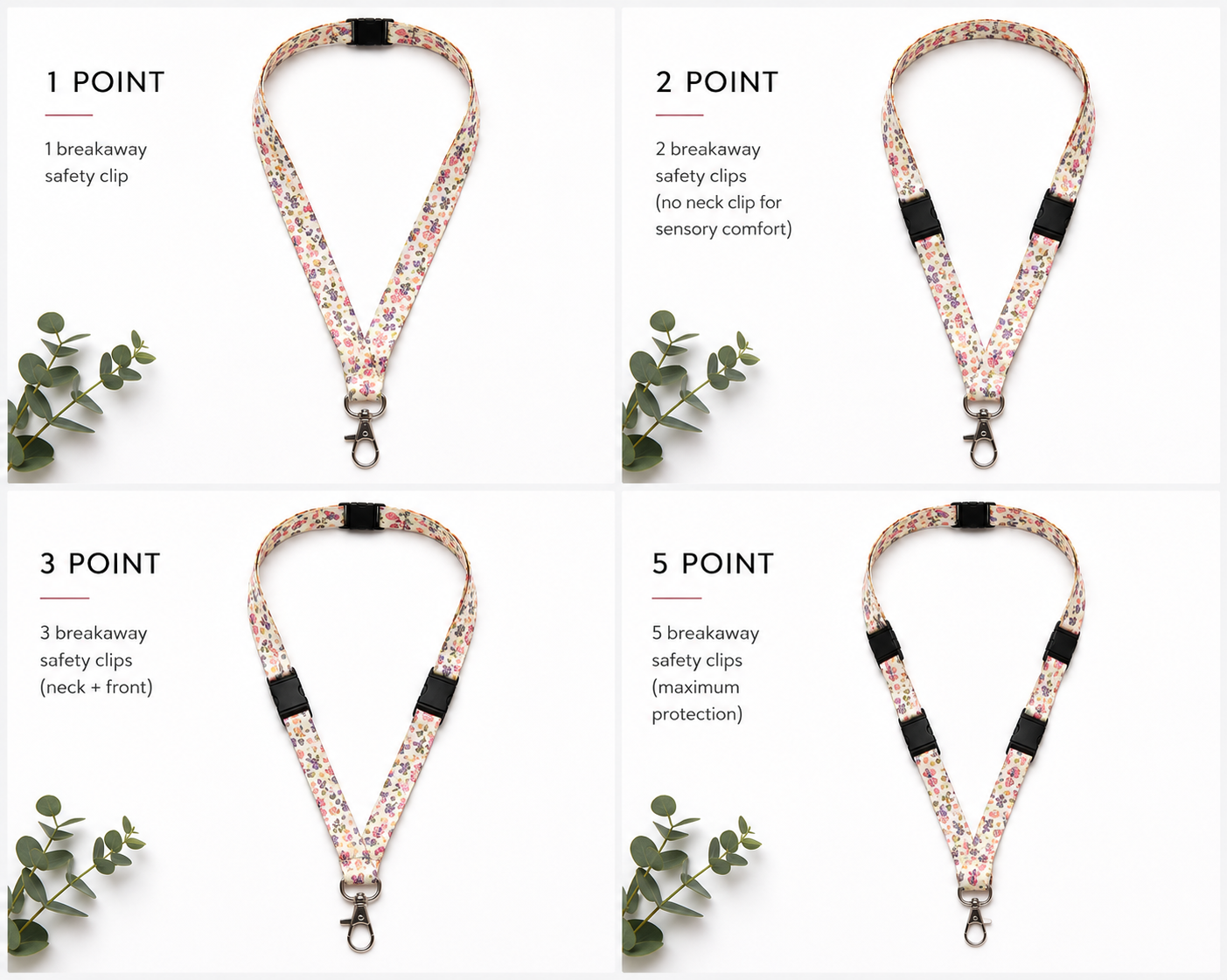 Comparison of handmade breakaway safety lanyards showing 1-point, 2-point, 3-point and 5-point designs. House of Lanyards demonstrates the different safety clip configurations to help healthcare workers, teachers and professionals choose the right breakaway lanyard
