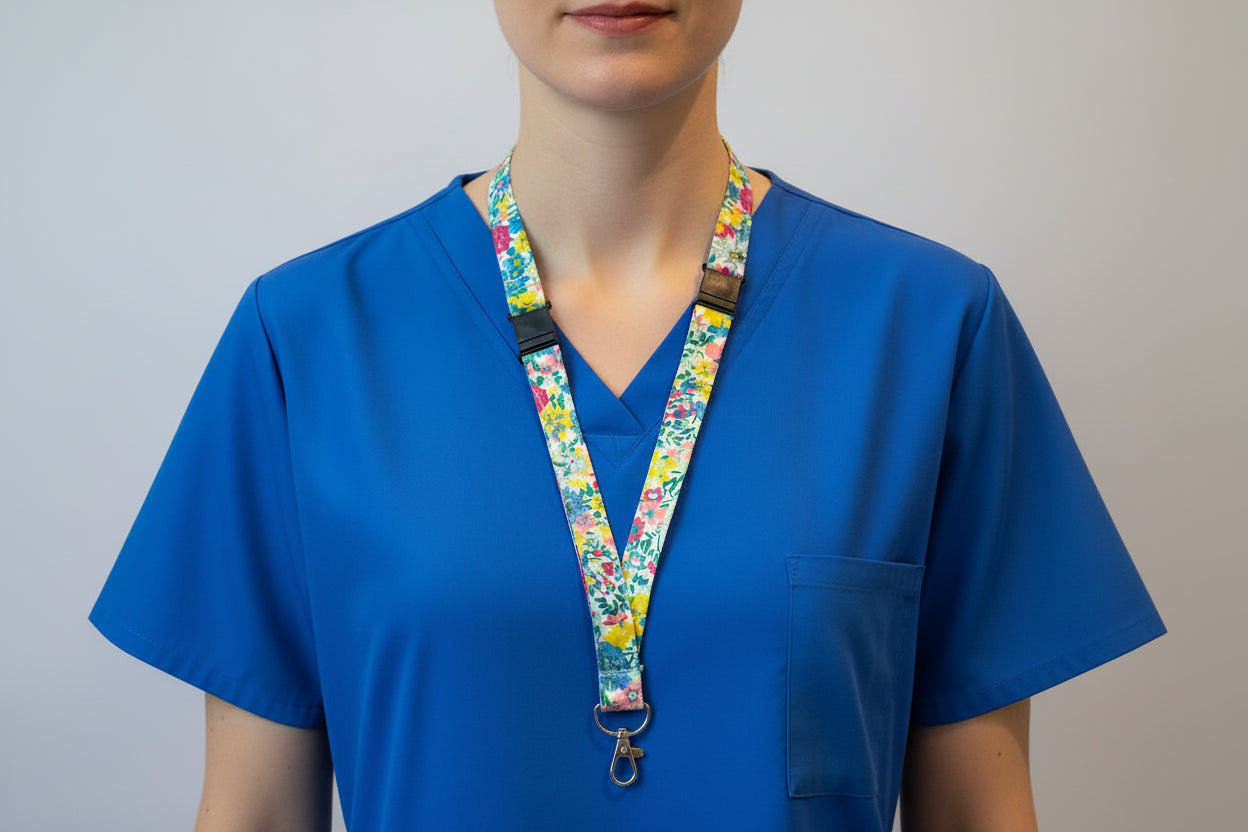 Handmade safety breakaway lanyard with multiple anti-strangulation breakaway points, designed for NHS, healthcare, mental health and security professionals