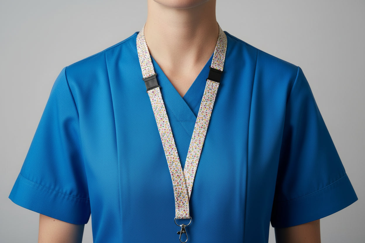 Handmade safety breakaway lanyard with multiple anti-strangulation breakaway points, designed for NHS, healthcare, mental health and security professionals