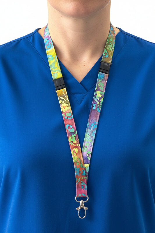 Flowers on Rainbow Batik Fabric Breakaway Lanyard